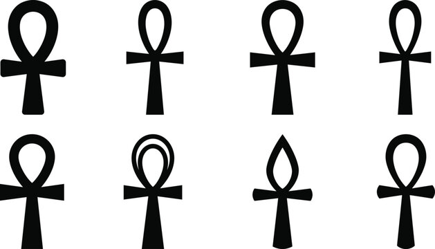 Black Ankh Symbol Collection with Egyptian Cross Icons in Various Silhouette Styles
