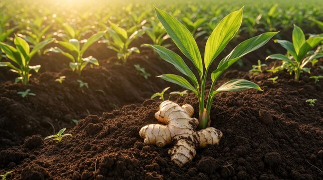 Fresh ginger root grows in dark fertile soil. Green plant sprouts from ground in sunny farmland. Organic spice crop develops during morning sunrise in rural plantation. Agriculture concept shows