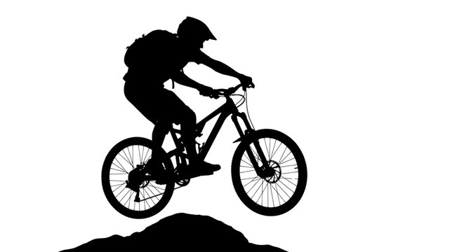 Mountain biker riding downhill black silhouette against a white background