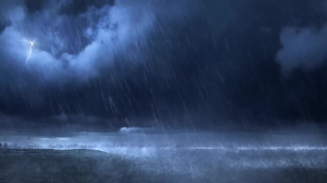 Dark storm clouds hang over misty hills beneath steady rain and blue gray sky