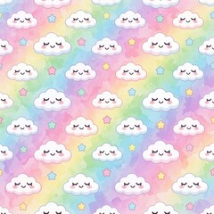 Fototapeta premium Cute cartoon clouds with closed eyes, blush cheeks float on pastel rainbow watercolor background. Tiny colorful stars scatter across sleepy sky pattern, perfect for kids decor, dreams, gentle themes.