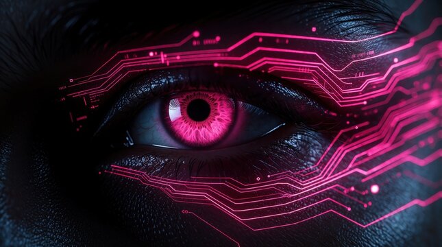 Close up of human eye with pink glow, neon digital lines. Futuristic cybernetic iris shows high tech circuit pattern. Cyberpunk vision concept with glowing energy data flow. Abstract electronic eye