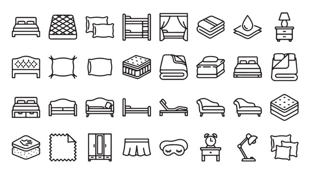 Bedroom furniture line icon set with bed and pillow