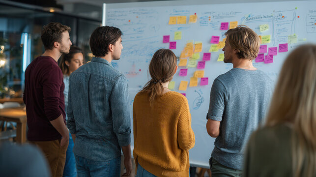Creative team brainstorming around strategy whiteboard