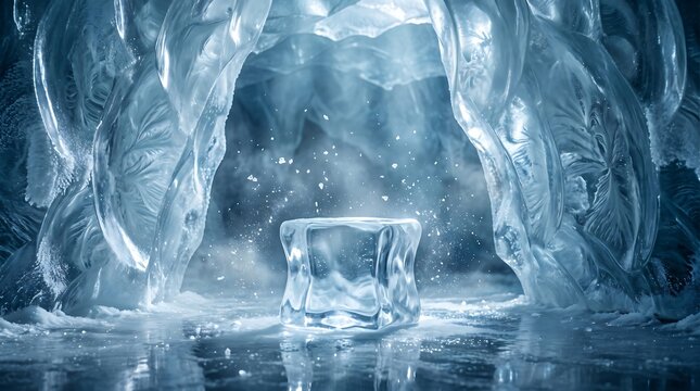 Single ice cube standing on frozen surface in cold environment, surrounded by ice formations and frosted cave walls, sparkling particles float in air.