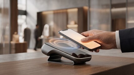 Fototapeta premium Businessman using smartphone for contactless payment on wireless charging pad in modern office