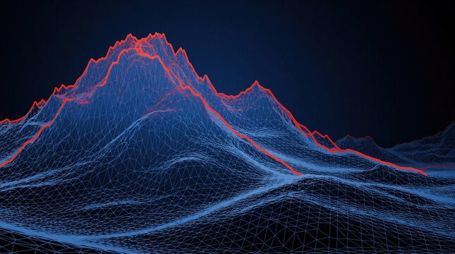 Blue wireframe mountain range with bright red peaks against dark backdrop. Digital landscape forms abstract terrain, suggesting data flow or virtual terrain, futuristic tech art.