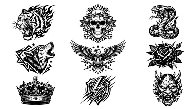 Tattoo emblem collection with tiger skull snake eagle wolf and crown