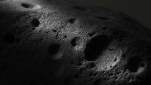 Moon crater surface in dark closeup showing rugged rocky terrain and deep shadows