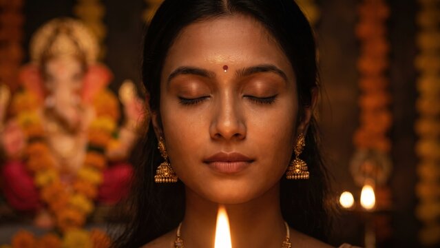 Woman in Deep Ganesh Devotion &ndash; Spiritual Ganesha Aarti Portrait.