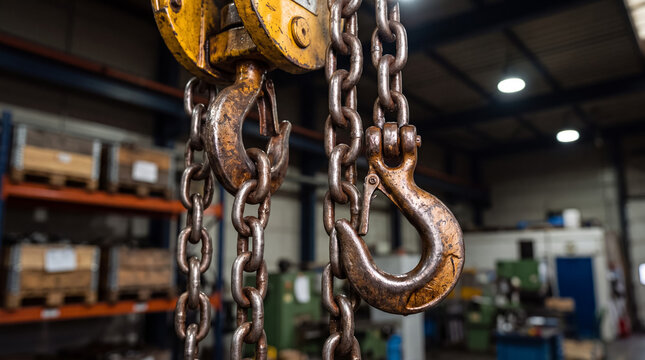 Industrial chain hoist with metal hooks and heavy duty links hanging, used for lifting in a manufacturing or workshop environment