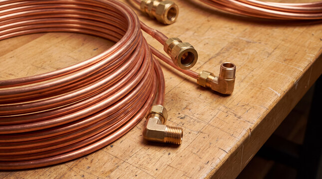 Copper tubing coil and brass fittings for plumbing and industrial applications on a wooden workbench
