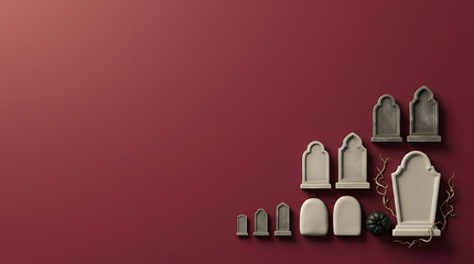 Obraz premium 3D Halloween graveyard background with miniature tombstones on a dark red surface.