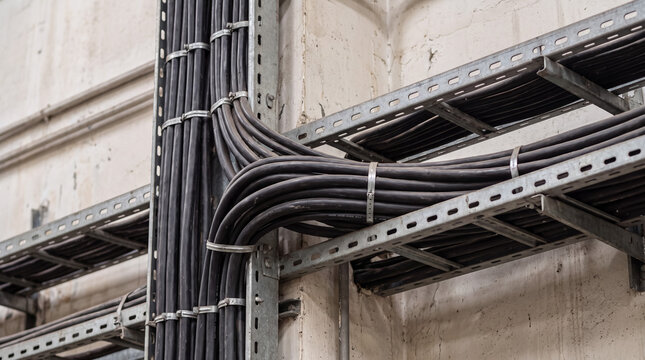 Electrical cables running on cable trays in an industrial building, providing power and connectivity