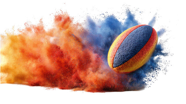 Rugby ball exploding with orange blue powder motion