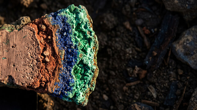Macro cross section of ancient bronze artifact displaying layered cuprite azurite and malachite corrosion patina with copy space
