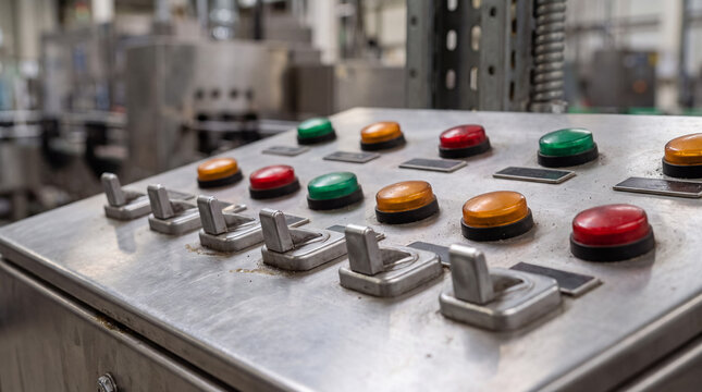 Industrial control panel featuring colorful indicator lights and toggle switches in a factory production line setting