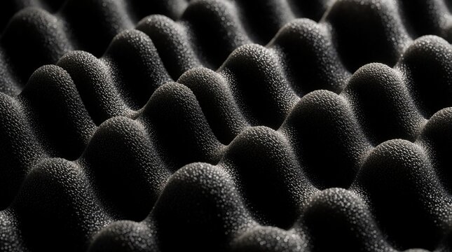 Close-up abstract texture of black acoustic foam with wavy surface. Material has small bumpy pattern and dimples under light. It is used for sound absorption.