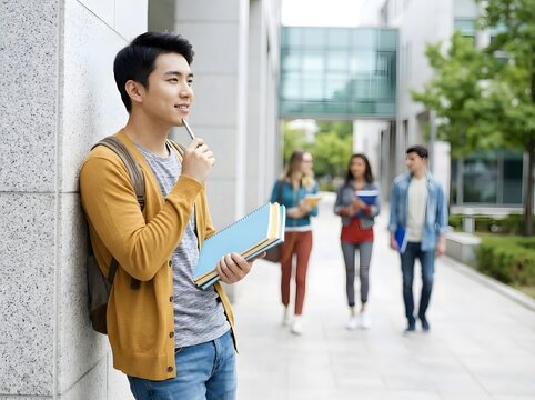 Asian male college student thinking on campus