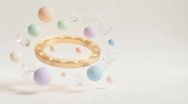 Golden zodiac ring with astrological symbols floating among pastel spheres and glass shapes on beige background. Horoscope and astrology
