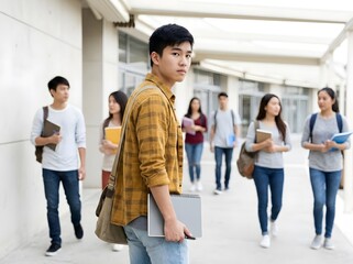 Obraz premium Young asian male student walking through university campus