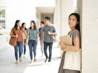 Fototapeta premium Happy asian student holding notebook on university campus