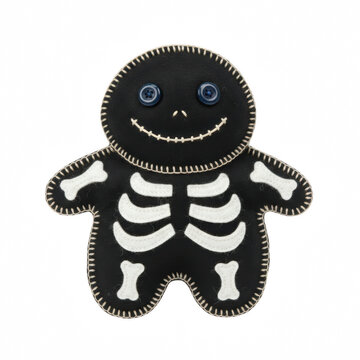 Cute handmade black felt skeleton doll toy with white bone details and blue button eyes for halloween holiday