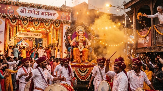 Ganesh Aagman Procession with Dhol Tasha &ndash; Ganesha Festival Celebration.