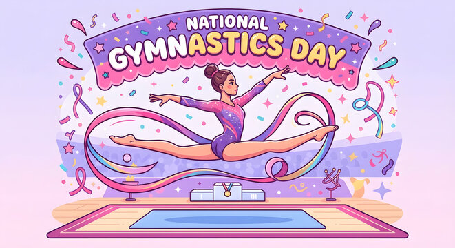 National Gymnastics Day vector banner featuring a female gymnast performing a leap with a rhythmic ribbon, podium, confetti, and a purple banner header