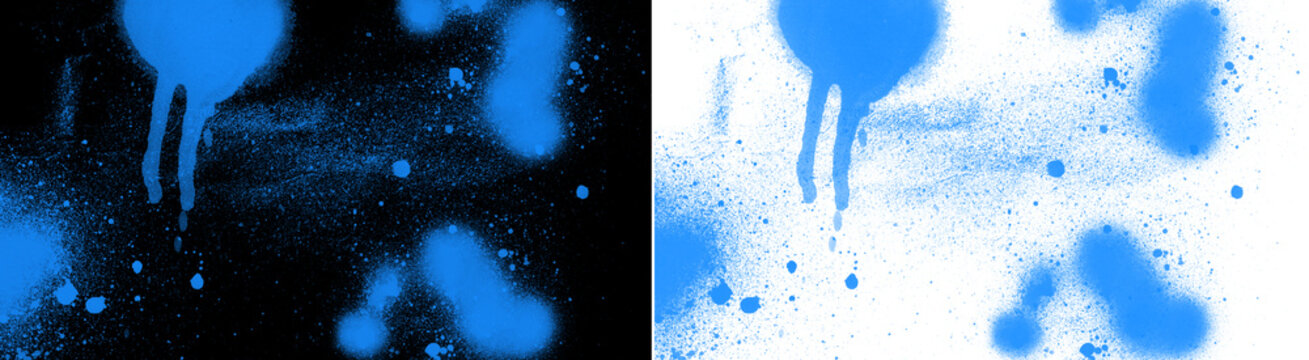 Bright blue spray paint drops, drips and splatters isolated on transparent background