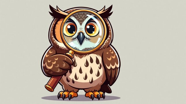 Cartoon owl holds magnifying glass looking closely. This bird represents wisdom learning research and discovery. Great for education and investigation themes.