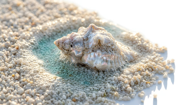 Tropical seashell on white sand beach with water and bright sunlight