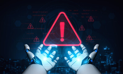 AI monitors network to issue real-time alerts for cybersecurity incidents. Alert warning showing red cyber for data breach, network threat, emphasis on security risk, caution, digital protection Vouch © InfiniteFlow