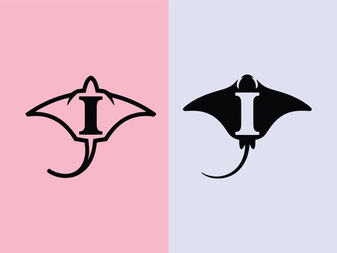 Minimalist stingray logo icon vector design with letter I combined into the animal shape