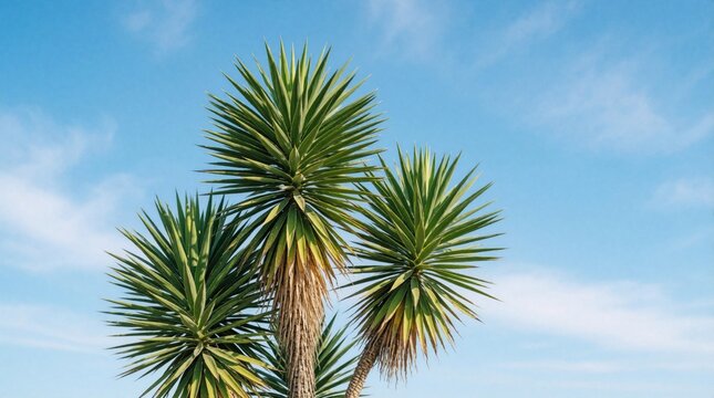 Green yucca plants grow towards bright blue sky. Tropical foliage with sharp leaves reaches up on sunny day. Exotic desert flora stands against clear summer sky background. Natural botanical