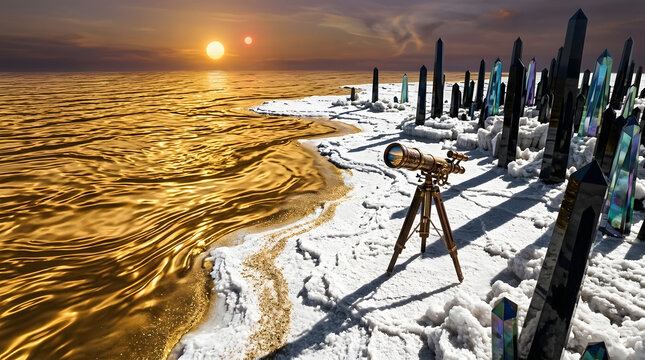Surreal alien landscape with golden ocean, twin suns, and vintage telescope on crystal shore