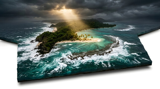3D aerial view of tropical island landscape with dramatic sunbeam through dark storm clouds
