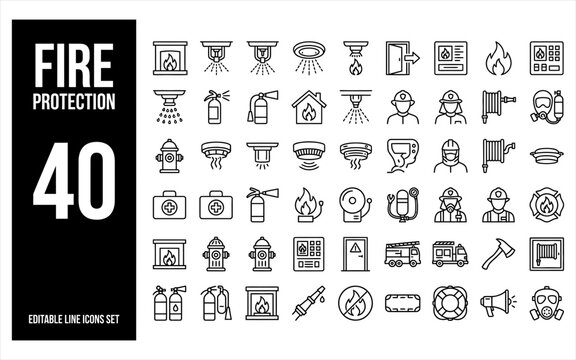 Fire protection set with thin line icons for safety systems and emergency services including fire extinguishers sprinklers and firefighters.