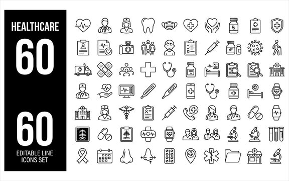 Professional healthcare and medical line icon set for hospitals clinics and digital health management systems.