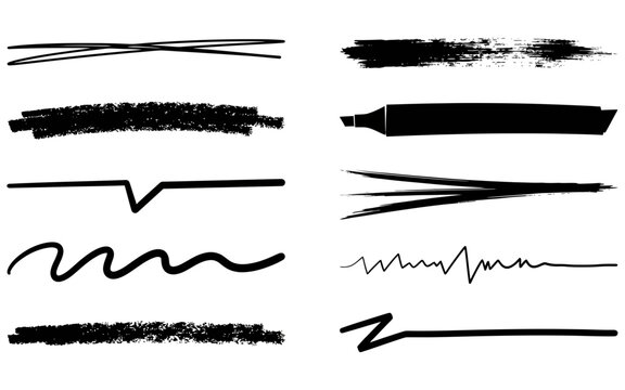 Set of black hand drawn marker underline strokes and brushes for emphasizing text highlights and creative design elements.