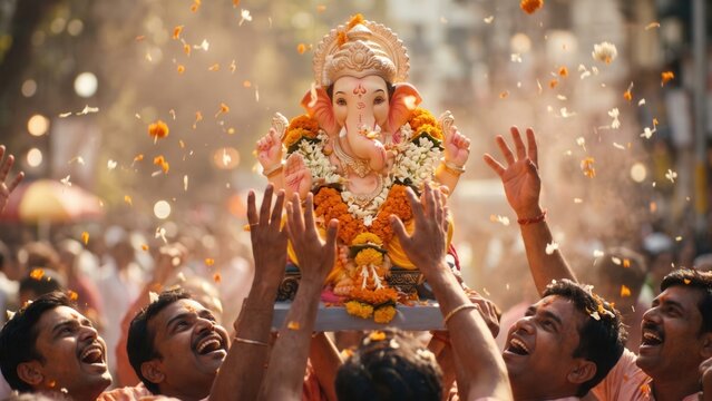 Ganesh Visarjan Crowd Reaching Toward Idol &ndash; Devotional Festival Celebration.