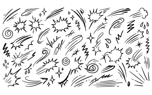 Set of black hand drawn comic book sound effects and action lines for dynamic cartoon illustrations.