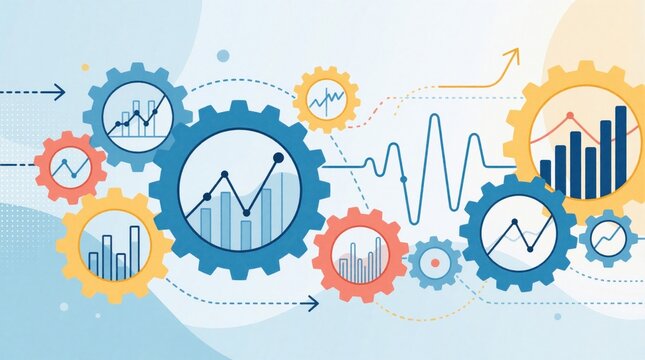 Gears with charts and graphs show business progress and data analysis. Arrows indicate upward trends and workflow. Represents growth and development.