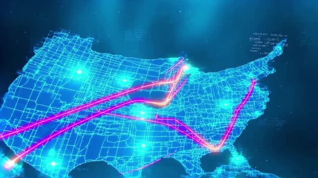 Futuristic United States map glows connected nodes, luminous data routes fast technology lines. broadband, telecom, AI infrastructure, cloud networks, geographic analytics and nationwide connectivity