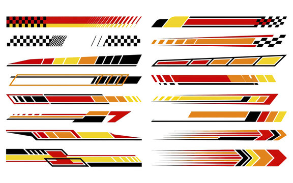 Racing stripes decals set in red orange yellow and black colors for car and motorcycle body graphics.