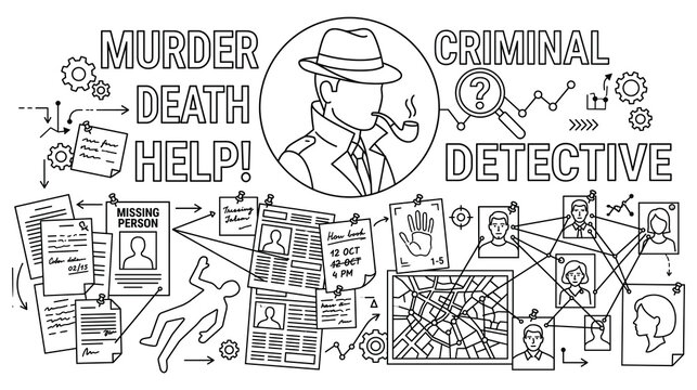 Detective investigation concept with mystery clues crime board and evidence line art board.