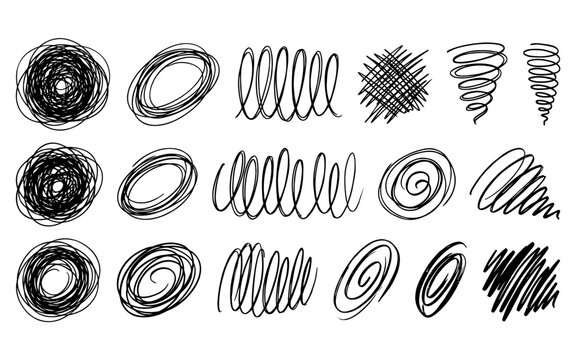 Set of black hand drawn scribble circles and spiral swirls for artistic textures and highlights.