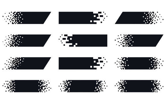 Black pixelated disintegrating banner blocks set on transparent background.