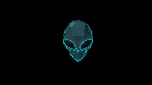 Glowing Low Poly Alien Head Centered on Black Background with Cyan Neon Outline