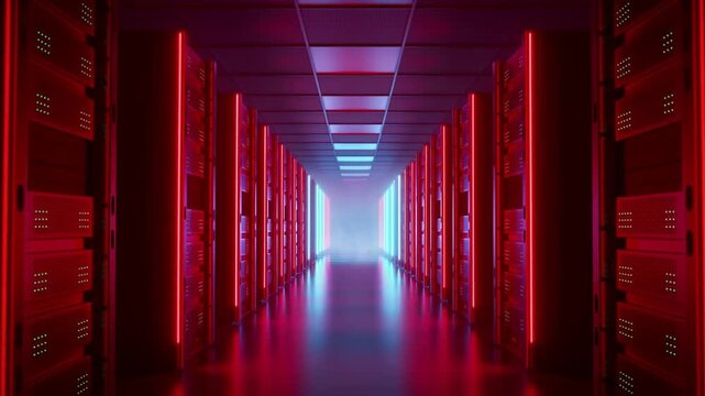 Server racks lining a futuristic data center corridor with red and blue lighting